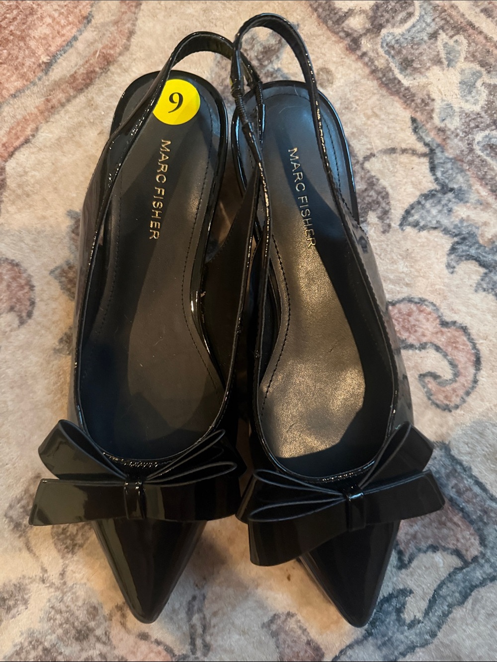 Marc Fisher Black Patent Pointed Bow Slingback Flats